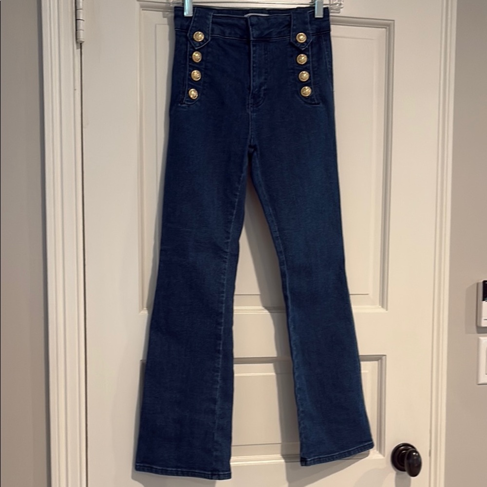 10 Crosby Derek Lam Blue Flare Jeans with Gold Buttons
